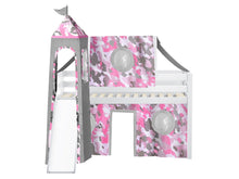 Load image into Gallery viewer, JACKPOT! Princess Twin Low Loft Bed in WHITE with Slide, Pink Camo Tent