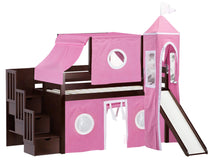 Load image into Gallery viewer, JACKPOT! Princess Twin Low Loft Stairway Bed in CHERRY, Pink & White Tent with Slide
