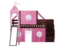 Load image into Gallery viewer, JACKPOT! Princess Twin Low Loft Stairway Bed in CHERRY, Pink & White Tent with Slide
