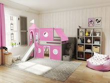 Load image into Gallery viewer, JACKPOT! Princess Twin Low Loft Stairway Bed in GRAY, Pink & White Tent with Slide