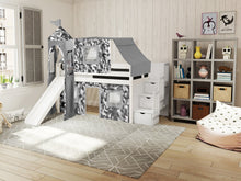 Load image into Gallery viewer, JACKPOT! Castle Twin Low Loft Stairway Bed in WHITE, Gray Camo Tent with Slide
