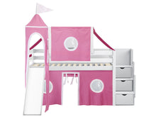 Load image into Gallery viewer, JACKPOT! Princess Twin Low Loft Stairway Bed in WHITE, Pink & White Tent with Slide