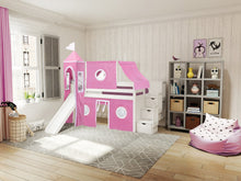 Load image into Gallery viewer, JACKPOT! Princess Twin Low Loft Stairway Bed in WHITE, Pink & White Tent with Slide