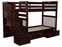 Load image into Gallery viewer, Bunk Beds Tall Twin over Twin Stairway Cappuccino + 2 Drawers