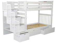 Load image into Gallery viewer, Bunk Beds Tall Twin over Twin Stairway White + 2 Drawers