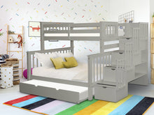 Load image into Gallery viewer, Bunk Beds Twin over Full Stairway Gray + Full Trundle