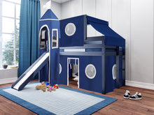 Load image into Gallery viewer, JACKPOT! Castle Twin Low Loft Bed in BLUE with Slide, Blue & White Tent