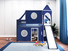 Load image into Gallery viewer, JACKPOT! Castle Twin Low Loft Bed in BLUE with Slide, Blue & White Tent