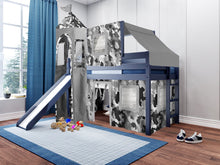 Load image into Gallery viewer, JACKPOT! Castle Twin Low Loft Bed in BLUE with Slide, Gray Camo Tent