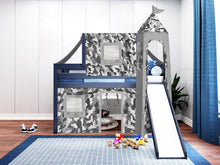 Load image into Gallery viewer, JACKPOT! Castle Twin Low Loft Bed in BLUE with Slide, Gray Camo Tent