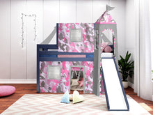 Load image into Gallery viewer, JACKPOT! Princess Twin Low Loft Bed in BLUE with Slide, Pink Camo Tent