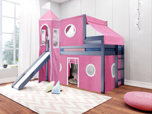 Load image into Gallery viewer, JACKPOT! Princess Twin Low Loft Bed in BLUE with Slide, Pink & White Tent
