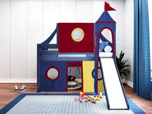 Load image into Gallery viewer, JACKPOT! Castle Twin Low Loft Bed in BLUE with Slide, Red Yellow & Blue Tent