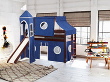 Load image into Gallery viewer, JACKPOT! Castle Twin Low Loft Bed in CHERRY with Slide, Blue & White Tent