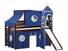 Load image into Gallery viewer, JACKPOT! Castle Twin Low Loft Bed in CHERRY with Slide, Blue & White Tent