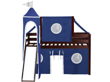 Load image into Gallery viewer, JACKPOT! Castle Twin Low Loft Bed in CHERRY with Slide, Blue & White Tent