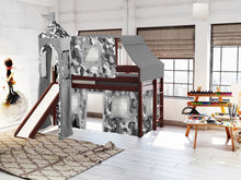 Load image into Gallery viewer, JACKPOT! Castle Twin Low Loft Bed in CHERRY with Slide, Gray Camo Tent