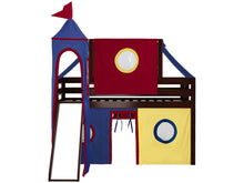Load image into Gallery viewer, JACKPOT! Castle Twin Low Loft Bed in CHERRY with Slide, Red Yellow & Blue Tent