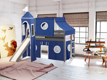 Load image into Gallery viewer, JACKPOT! Castle Twin Low Loft Bed in GRAY with Slide, Blue & White Tent