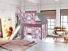 Load image into Gallery viewer, JACKPOT! Princess Twin Low Loft Bed in GRAY with Slide, Pink Camo Tent