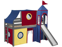 Load image into Gallery viewer, JACKPOT! Castle Twin Low Loft Bed in GRAY with Slide, Red Yellow & Blue Tent