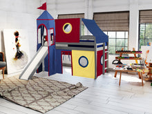 Load image into Gallery viewer, JACKPOT! Castle Twin Low Loft Bed in GRAY with Slide, Red Yellow & Blue Tent