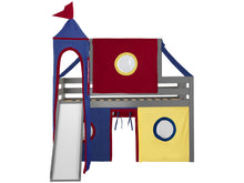 Load image into Gallery viewer, JACKPOT! Castle Twin Low Loft Bed in GRAY with Slide, Red Yellow & Blue Tent