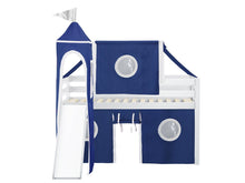 Load image into Gallery viewer, JACKPOT! Castle Twin Low Loft Bed in WHITE with Slide, Blue & White Tent