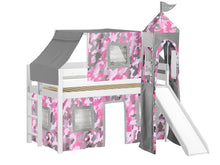 Load image into Gallery viewer, JACKPOT! Princess Twin Low Loft Bed in WHITE with Slide, Pink Camo Tent