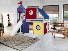 Load image into Gallery viewer, JACKPOT! Castle Twin Low Loft Bed in WHITE with Slide, Red Yellow & Blue Tent