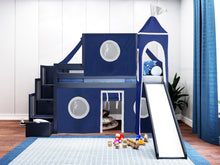 Load image into Gallery viewer, JACKPOT! Castle Twin Low Loft Stairway Bed in BLUE, Blue & White Tent with Slide