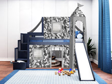 Load image into Gallery viewer, JACKPOT! Castle Twin Low Loft Stairway Bed in BLUE, Gray Camo Tent with Slide