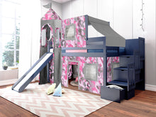 Load image into Gallery viewer, JACKPOT! Princess Twin Low Loft Stairway Bed in BLUE, Pink Camo Tent with Slide