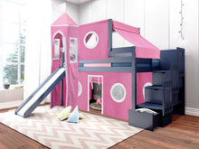 Load image into Gallery viewer, JACKPOT! Princess Twin Low Loft Stairway Bed in BLUE, Pink & White Tent with Slide