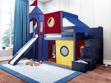 Load image into Gallery viewer, JACKPOT! Castle Twin Low Loft Stairway Bed in BLUE, Red Yellow & Blue Tent with Slide