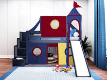 Load image into Gallery viewer, JACKPOT! Castle Twin Low Loft Stairway Bed in BLUE, Red Yellow & Blue Tent with Slide