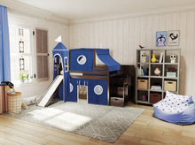 Load image into Gallery viewer, JACKPOT! Castle Twin Low Loft Stairway Bed in CHERRY, Blue & White Tent with Slide