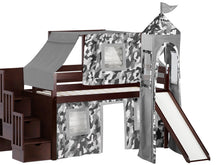 Load image into Gallery viewer, JACKPOT! Castle Twin Low Loft Stairway Bed in CHERRY, Gray Camo Tent with Slide