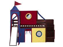 Load image into Gallery viewer, JACKPOT! Castle Twin Low Loft Stairway Bed in CHERRY, Red Yellow & Blue Tent with Slide