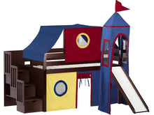 Load image into Gallery viewer, JACKPOT! Castle Twin Low Loft Stairway Bed in CHERRY, Red Yellow & Blue Tent with Slide