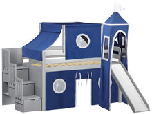 Load image into Gallery viewer, JACKPOT! Castle Twin Low Loft Stairway Bed in GRAY, Blue & White Tent with Slide