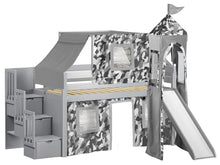 Load image into Gallery viewer, JACKPOT! Castle Twin Low Loft Stairway Bed in GRAY, Gray Camo Tent with Slide