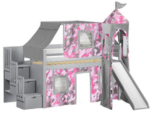 Load image into Gallery viewer, JACKPOT! Princess Twin Low Loft Stairway Bed in GRAY, Pink Camo Tent with Slide