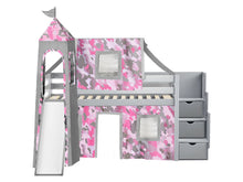 Load image into Gallery viewer, JACKPOT! Princess Twin Low Loft Stairway Bed in GRAY, Pink Camo Tent with Slide