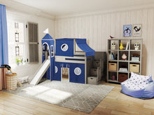 Load image into Gallery viewer, JACKPOT! Castle Twin Low Loft Stairway Bed in GRAY, Blue & White Tent with Slide