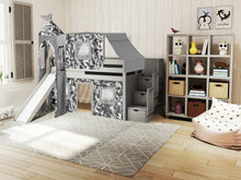 Load image into Gallery viewer, JACKPOT! Castle Twin Low Loft Stairway Bed in GRAY, Gray Camo Tent with Slide