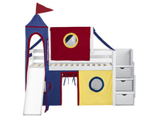 Load image into Gallery viewer, JACKPOT! Castle Twin Low Loft Stairway Bed in WHITE , Red Yellow & Blue Tent with Slide