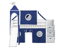 Load image into Gallery viewer, JACKPOT! Castle Twin Low Loft Stairway Bed in WHITE, Blue & White Tent with Slide