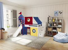 Load image into Gallery viewer, JACKPOT! Castle Twin Low Loft Stairway Bed in WHITE , Red Yellow & Blue Tent with Slide