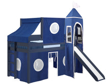 Load image into Gallery viewer, JACKPOT! Castle Twin Low Loft Bed in BLUE with Slide, Blue & White Tent
